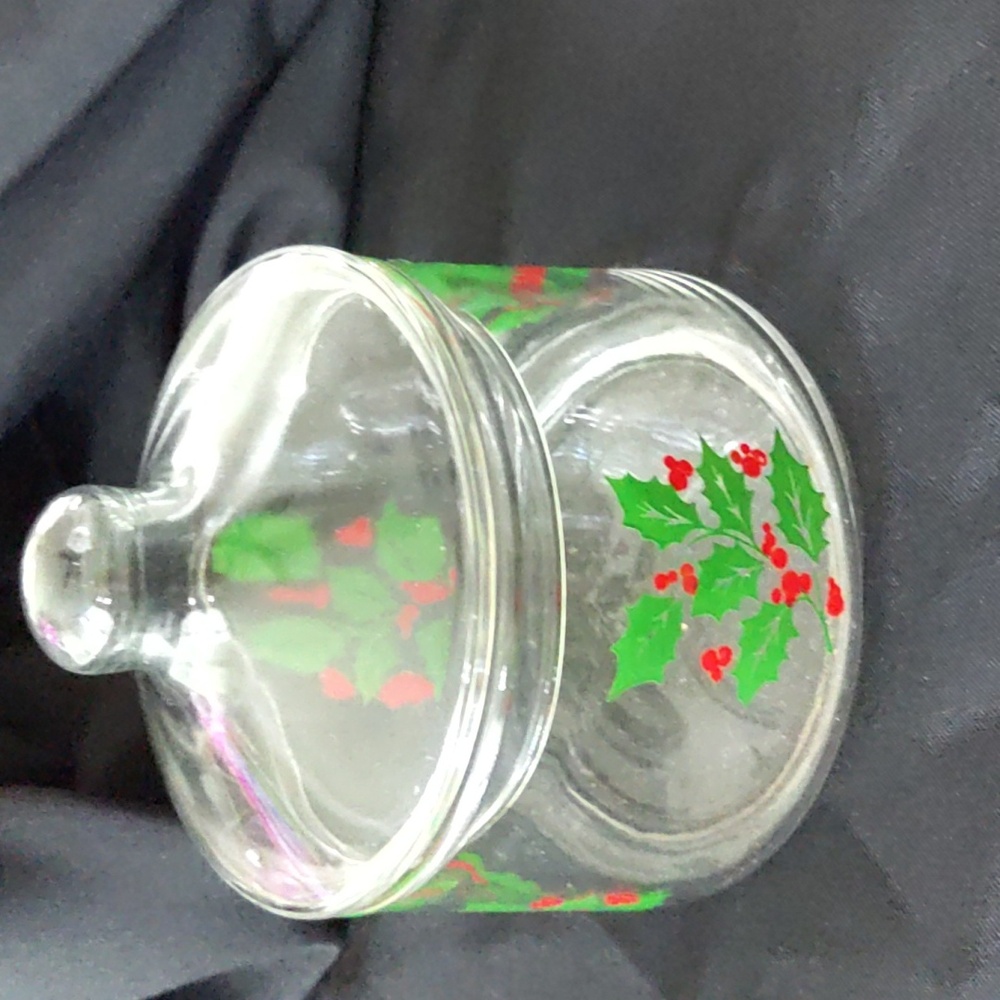 Indiana Etched Glass Christmas Holly Berry Candy Dish with Lid